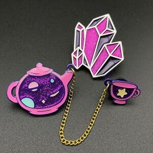 Celestial Tea Party Crystals Purple Enamel Pins Tea Pot Tea Cup Gemstone Crystal